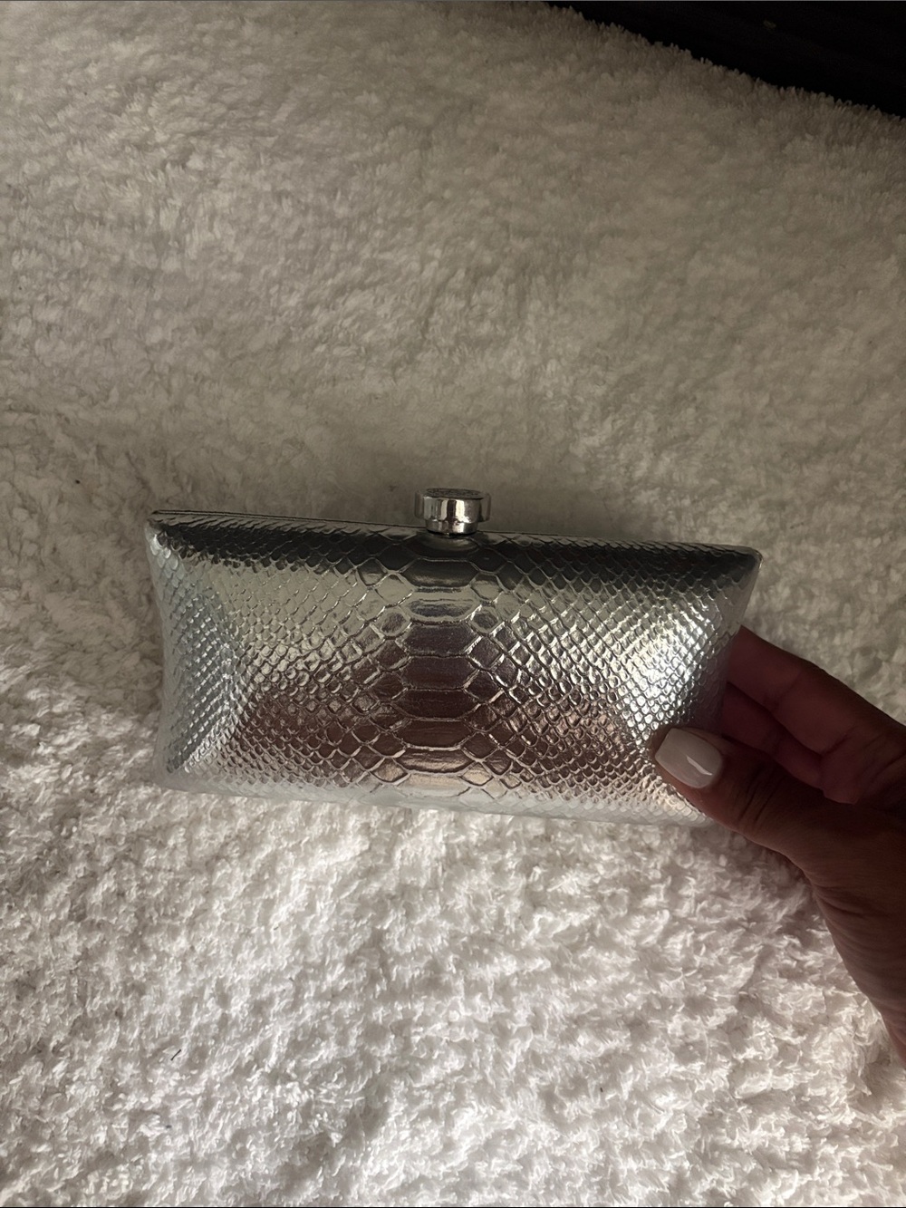 Vince Camuto Metallic Silver Snake-Embossed Clutch